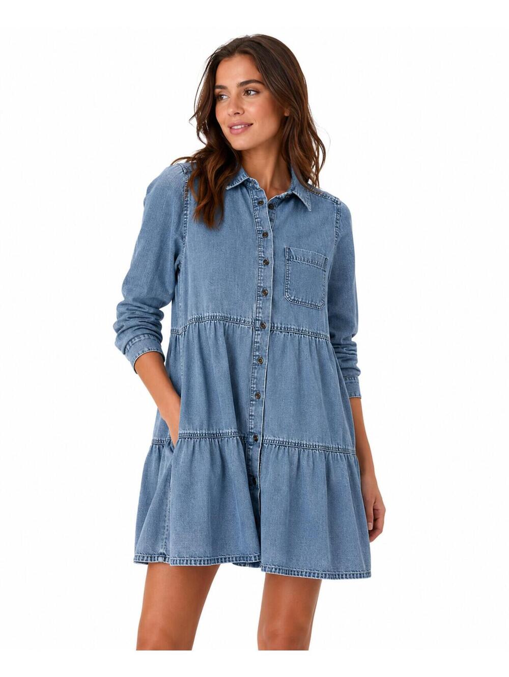 Loft Chambray Denim Tiered Shirt Dress XSP Blue Tunic Button Down Cottagecore